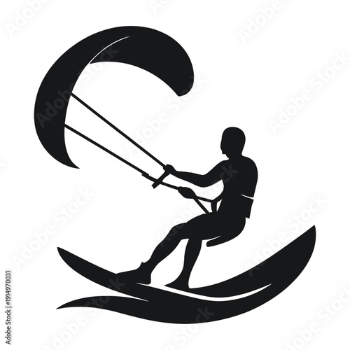 A kitesurfer in action on a black background with a bold logo