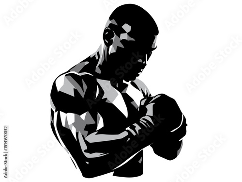A muscular man wearing boxing gloves in a fighting stance