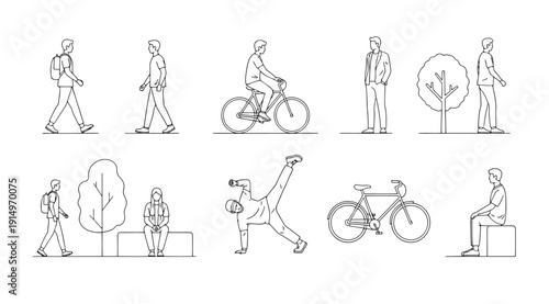 A series of illustrations showing people walking and cycling