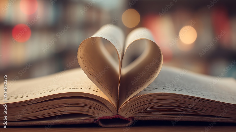 Obraz premium Elegant poto of Open book with pages folded into a heart shape, bokeh background.