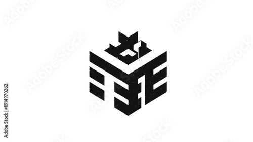 A geometric, abstract design featuring a stylized, three-dimensional shape with sharp angles