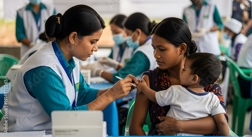 Healthcare worker administering vaccination to a baby held by mo