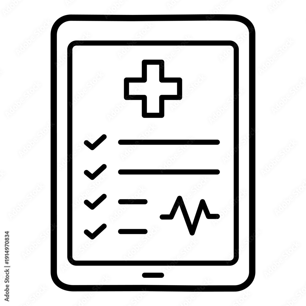 Obraz premium Minimal Digital Health Record Tablet Icon – Medical Dashboard UI Line Vector with Heart Rate and Checklist