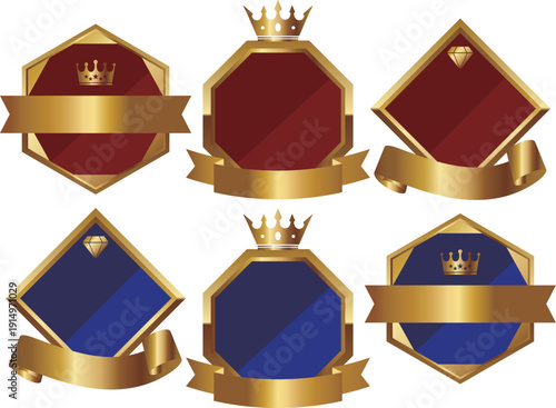 高級感のあるリボン付きエンブレムフレーム6種セット　レッド＆ブルー