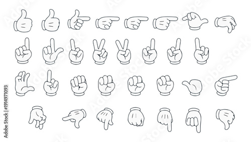 Outline collection of cartoon hands in various poses and gestures, including pointing, thumbs up, peace signs, and fists. Ideal for adding simple gestures to designs.