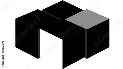 Isometric view of a fragmented cube design with black and gray facets, set against a white background