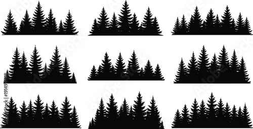Pine forest silhouette set featuring evergreen tree landscapes in black isolated on white background for nature scenery design use