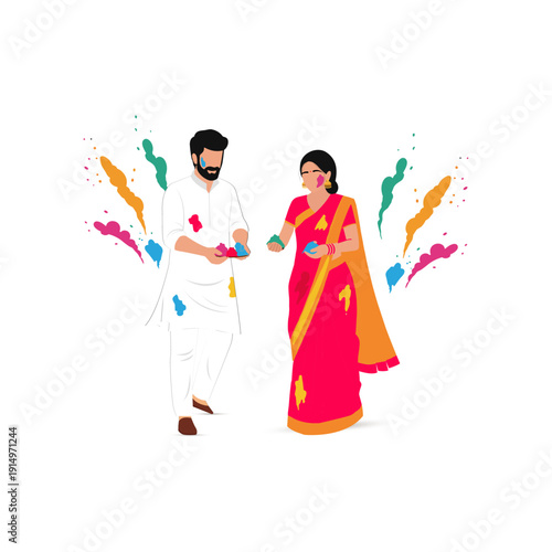 Indian Couple Celebrating Color Festival with Powder Splash Illustration