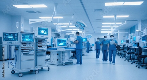 Rolling medical equipment data cart displays sterile operating room preparation staff walking hospital healthcare surgery background