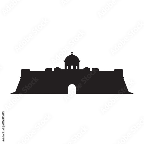 Silhouette graphic design of a historic fortress or castle wall featuring a central domed structure and arched entrance