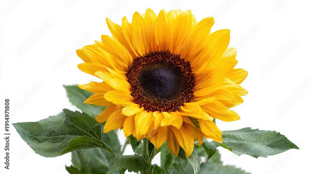 Obraz premium Vibrant sunflower in full bloom with lush green leaves.