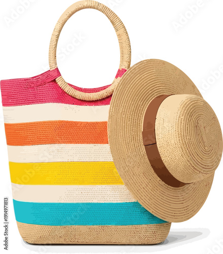 Colorful striped straw tote bag with matching sun hat on white background