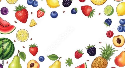 Colorful assorted fruits scattered on a white background, including strawberries, blueberries, lemons, and pineapples