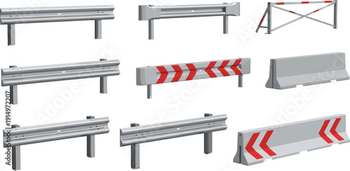 Road safety barriers set with metal guardrails and concrete blocks, traffic protection equipment for highways and construction zones, vector illustration isolated on white
