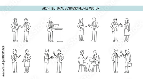 Architectural business people in various professional settings and actions