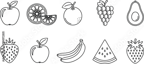 Collection of twelve simple line-drawn illustrations of various fruits and a slice of pie