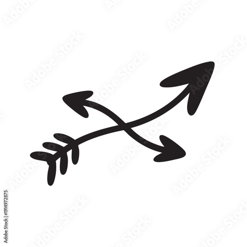 Hand drawn black illustration featuring two crossing curved arrows pointing in four distinct opposing directions