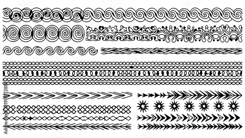 Collection of ornate black and white decorative borders and dividers in various ethnic and geometric styles