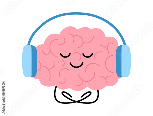 Cartoon brain character meditating with headphones. Music for mind relaxation and stress relief concept. Mental health awareness and calm state of thinking. Vector illustration