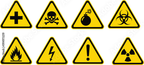 Warning hazard sign illustration set featuring medical toxic explosive biohazard fire electric caution and radiation symbols isolated on white background