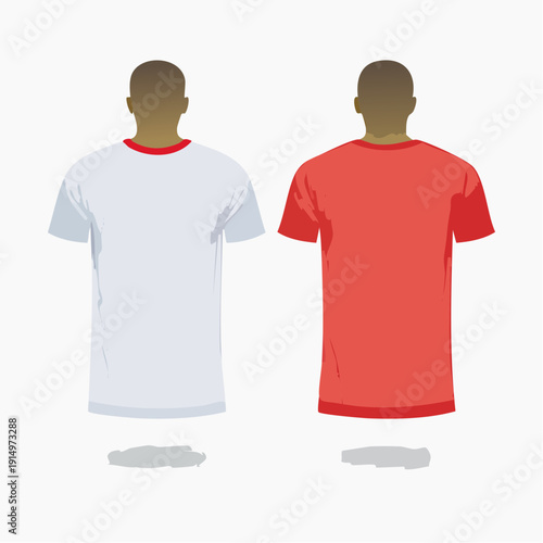 Back view of two t-shirts one red and one white worn by male silhouettes with contrasting necklines and sleeve details on a white background