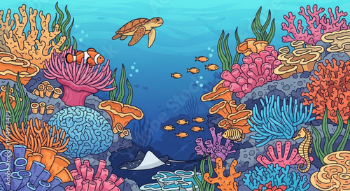 Vibrant coral reef scene with sea turtle colorful fish and diverse marine life underwater