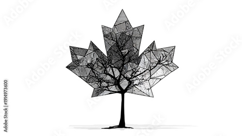 Stylized black and white maple leaf with geometric pattern overlay, and tree trunk with shadow
