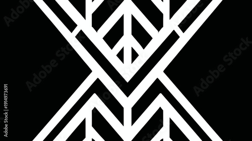 A symmetrical black and white geometric design featuring angled lines, chevrons, and open spaces