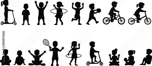 Active children silhouettes collection, kids riding scooter and bicycle playing ball and hula hoop, black vector shadow figures set