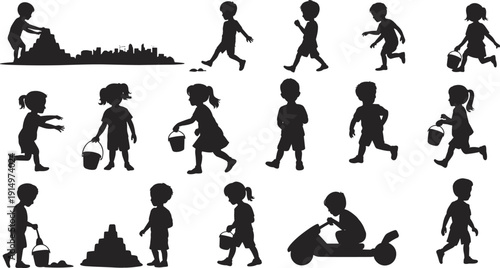 Children beach play silhouettes collection, kids building sandcastle running with bucket and riding scooter, black vector shadow figures isolated set