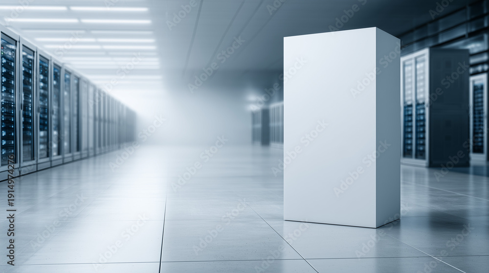 Fototapeta premium Data Center Serenity: A modern data center, rows of server racks, emitting a soft, cool glow, creating a serene and technologically advanced environment.