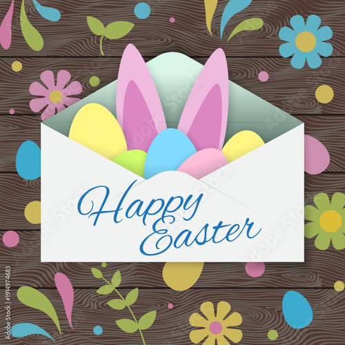 Happy Easter greeting card. Envelope with cute rabbit bunny ears, easter eggs. Wooden plank background, tabletop colorful eggs floral elements. Spring holiday concept. Vector banner template