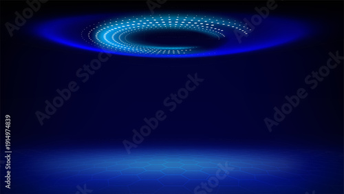 Futuristic technology stage blue cyan background. Round cyan dotted led, neon glow. Abstract background for displaying products, presentation, advertising. Tech blue backdrop. Showcase. Vector