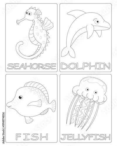 Black and white drawings for children's coloring. illustrations of sea creatures. image of seahorse, dolphin, fish, jellyfish. vector graphics for kids education.