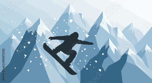 Snowboarder in mid-air performing a trick on a snowy mountain peak landscape illustration