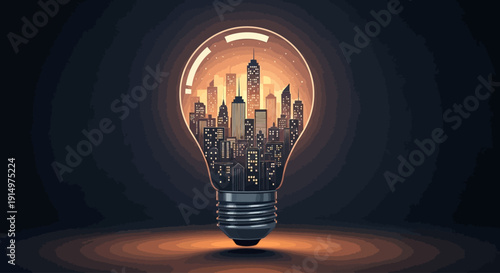 Innovative cityscape inside an illuminated light bulb showcasing urban development and technological advancements