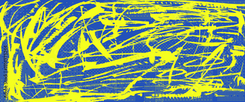 Grunge abstract paint splash background with textured brush stroke pattern. Retro halftone squiggles cover. Sporty wall backdrop with spray effects, grainy overlays design. Vector blue yellow bg.