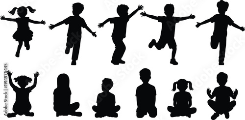 Happy children silhouettes collection, kids jumping running and sitting cross legged, playful boys and girls black vector shadow figures isolated set