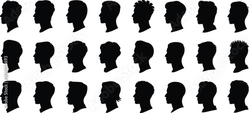 Mens profile head silhouettes avatars male portraits icons set collection faces hairstyle haircut vector illustration