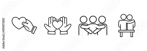 Friendship, partnership, embracing and togetherness thin line icon set