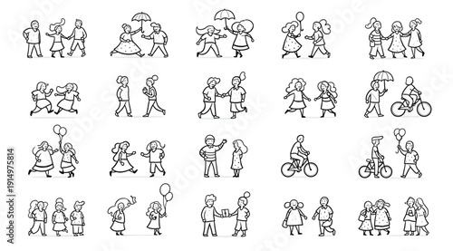 A collection of stick figures doing various activities
