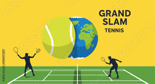 Tennis players competing on a court with a giant tennis ball in the background