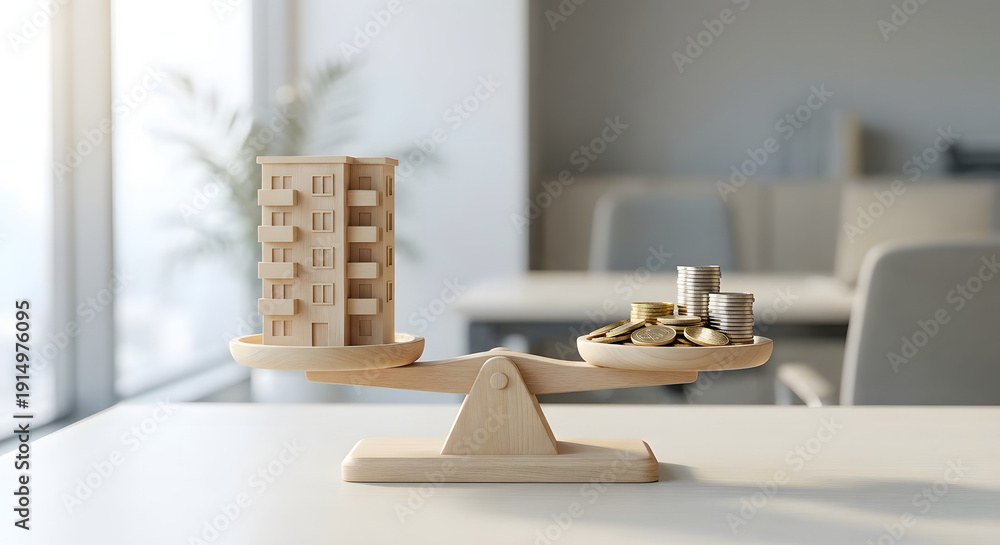 Fototapeta premium wooden apartment building model balanced with stacks of gold and silver coins on a scale for real estate investment property value mortgage and financial planning concept