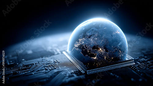 World on a Chip: A captivating visual metaphor presenting a luminous globe cradled on a silicon microchip, symbolizing the power of technology and global connectivity.