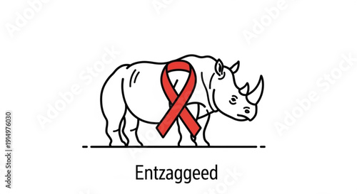 Rhino with red awareness ribbon symbolizing support and conservation standing alone on white background