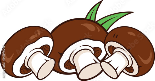 Three brown mushrooms with white stems and green leaves in a group, a healthy food illustration