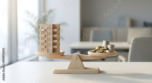 wooden apartment building model balanced with stacks of gold and silver coins on a scale for real estate investment property value mortgage and financial planning concept