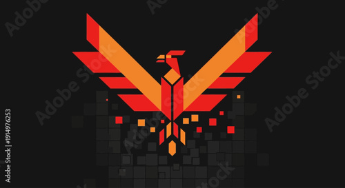 Vibrant Phoenix Rising from Pixelated Flames in a Dark Environment from a Front Viewpoint