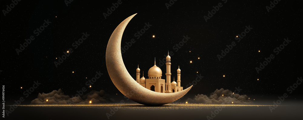 © Fariha - 3d rendering of the arabic calligraphy text ramadan kareem and a mosque with a glowing effect on a black background, a ramadan kareem banner template design concept. perspectives of a mosque with a go © Fariha - 3d rendering of the arabic calligraphy text ramadan kareem and a mosque with a glowing effect on a black background, a ramadan kareem banner template design concept. perspectives of a mosque with a go