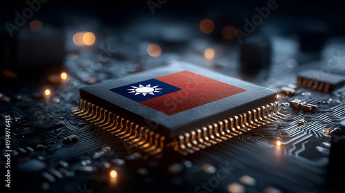 Taiwan Semiconductor Chip: This image captures a close-up view of a microchip with a flag of Taiwan on it, symbolizing technological advancement and innovation in the semiconductor industry.